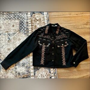 Vintage 90s Embellished Cropped Black Denim Jean Jacket Size Medium